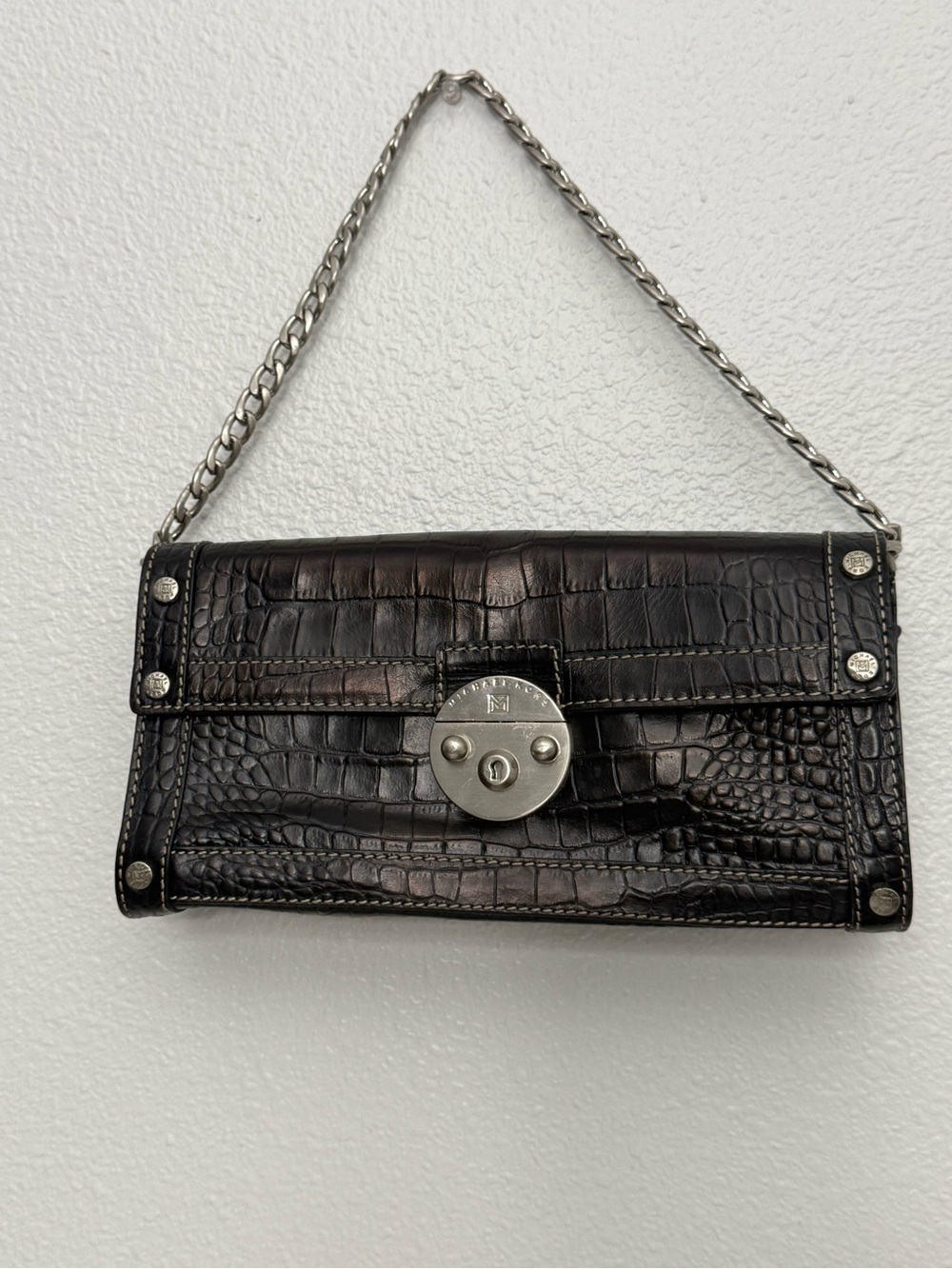 Michael Kors Black Croc-Embossed Wristlet Clutch with Contrast Stitching